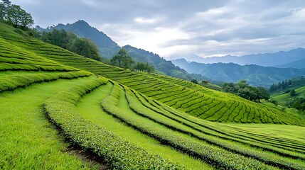 Obraz premium A picturesque tea estate features meticulously maintained terraced fields cascading down rolling hills, creating a captivating and serene vista.