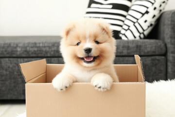 Fototapeta premium Fluffy puppy in a cardboard box with a black and white sofa in the background