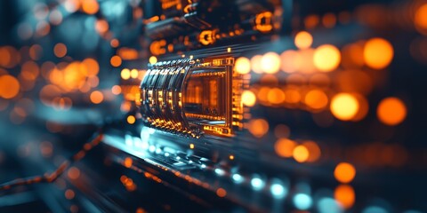 Blurred computer processor and socket in focus, showcasing the intricate details of a computer processor. The image highlights a computer processor and socket, emphasizing their design and technology.