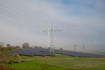 Windmill with solar panel, transformation to renewable sustainable energy, electricity generator, environmental conversation