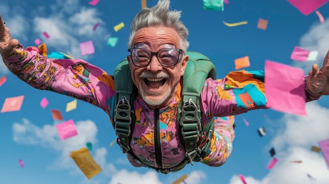 Skydiving celebration with colorful confetti beach location adventure photography sunny atmosphere aerial view joyful concept