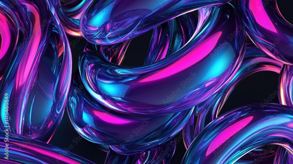 Poster intricate overlapping loops of translucent material in vivid colors and shiny textures