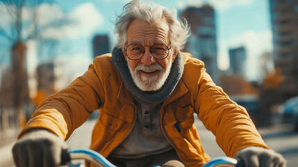 Elderly Caucasian man enjoying bicycle ride in urban cityscape