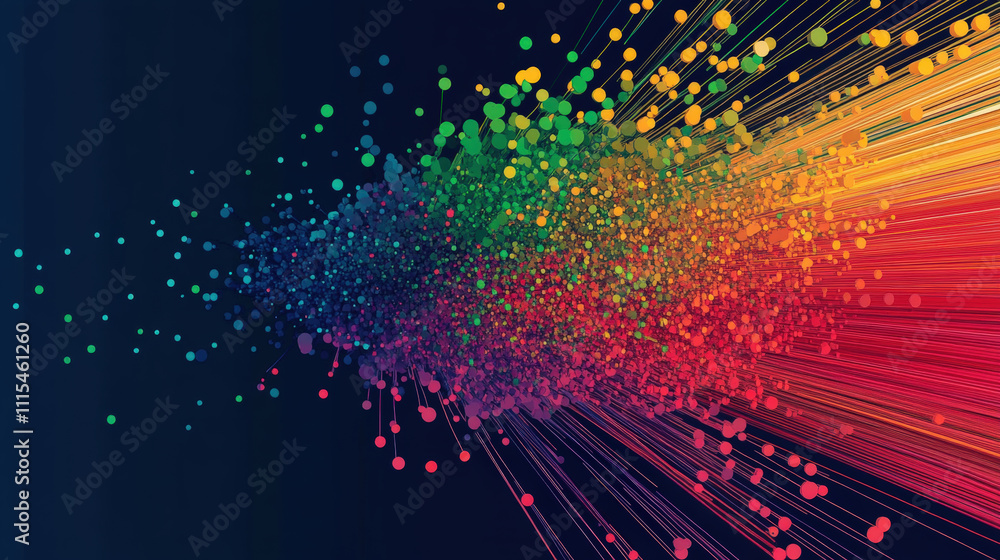 Poster vibrant display of colorful fiber optic strands merging into dynamic data transfer flow, symbolizing