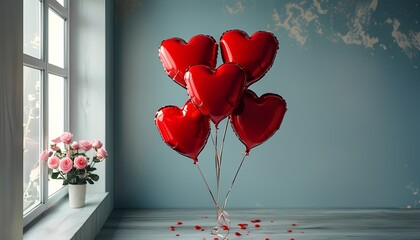 Romantic celebration with heart balloons and fresh roses in a cozy indoor setting capturing love and joyful moments for special occasions