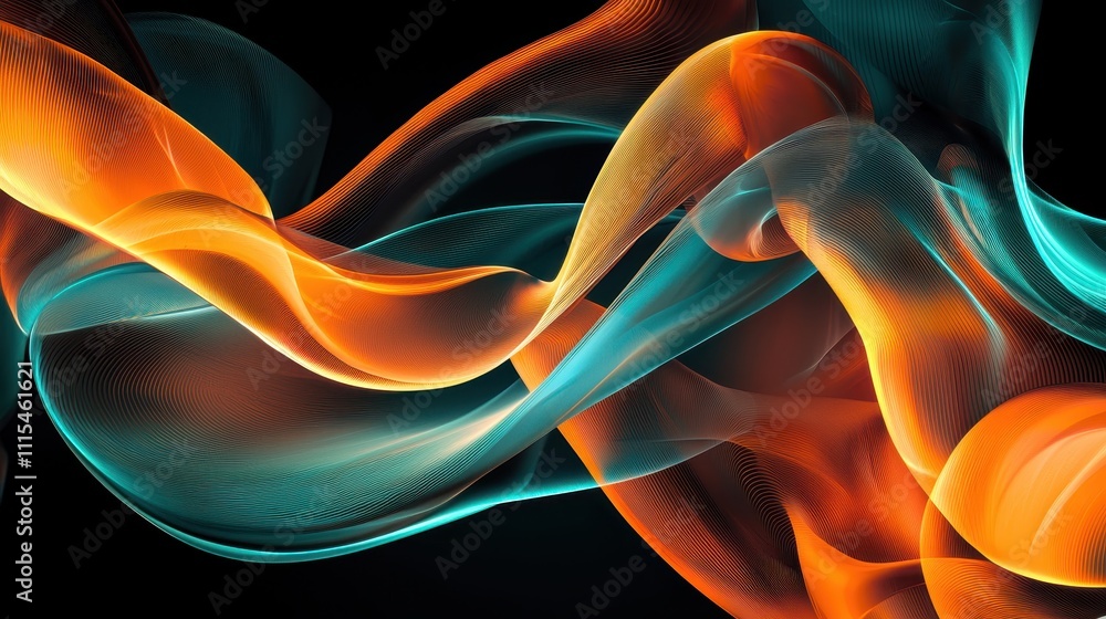 Poster intricate overlapping loops of translucent material in vibrant orange and aqua colors