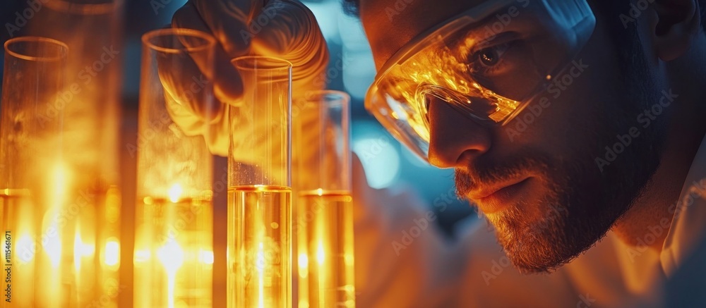 Poster a scientist in a lab coat and goggles looks intently at a row of test tubes filled with a glowing or