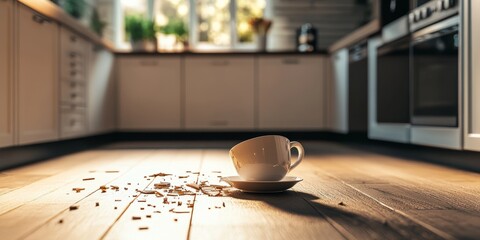 Obraz premium Domestic disturbance concept illustrated by a broken coffee cup on the floor in a contemporary kitchen, portraying the chaos that can occur in moments of domestic disturbance at home.