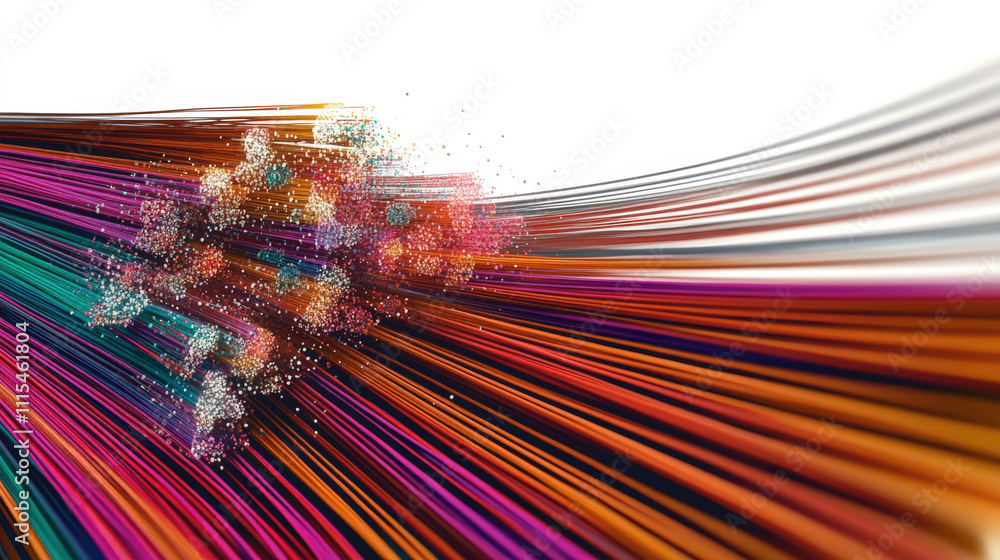 Poster colorful fiber strands merge dynamically, symbolizing data transfer and technological upgrades
