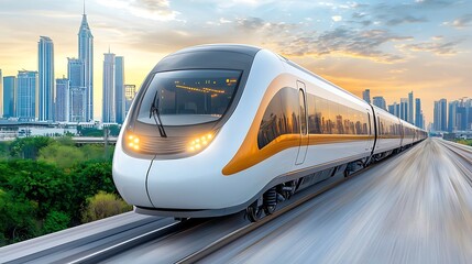 Fototapeta premium The modern futuristic train features sleek aerodynamic design, advanced technologies, and luxurious interior amenities such as comfortable seating, state of the art entertainment systems