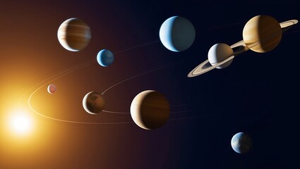 Fototapeta premium Planetary System with Orbiting Planets Around Golden Sun