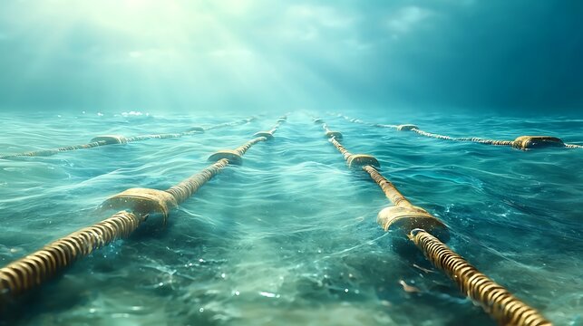 The visualization of an underwater communication network shows a complex web of cables stretching across the ocean floor