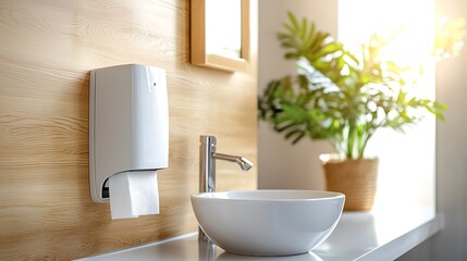 Fototapeta premium The modern paper towel dispenser in the clean restroom during daylight hours is sleek, efficient, and touch free, allowing users to easily access paper towels without any hassle.