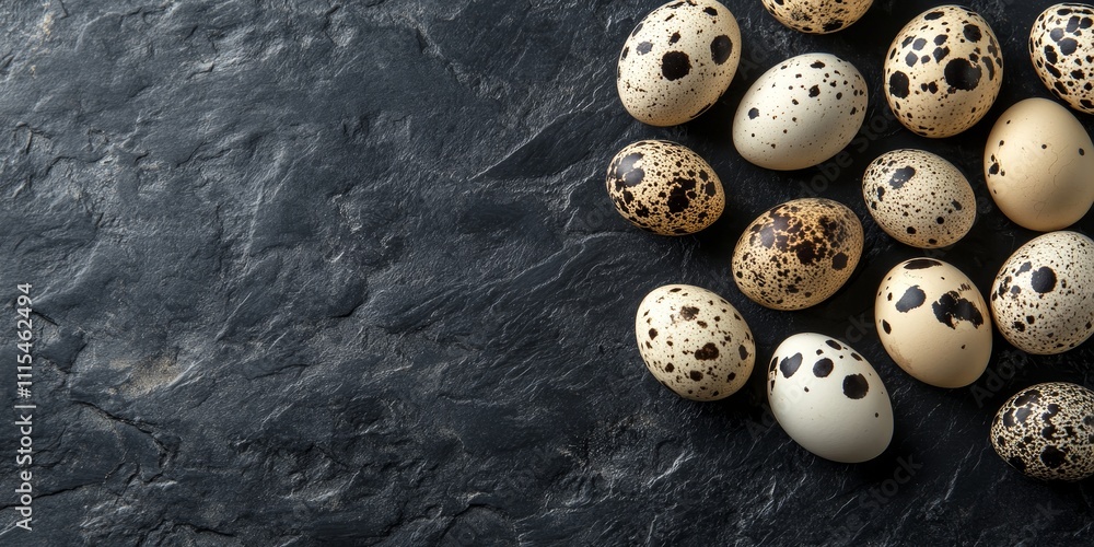 Poster fresh quail eggs displayed on a dark textured background. this image showcases natural quail eggs an