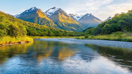Obraz premium A breathtaking scene unfolds before you as you stand on the banks of a winding river, surrounded by towering mountains that seem to touch the sky