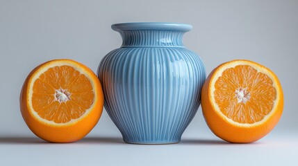 Still life with blue vase and orange slices.
