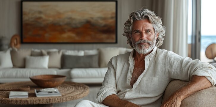 Mature Man Relaxed in Coastal Living Room Setting - Powered by Adobe