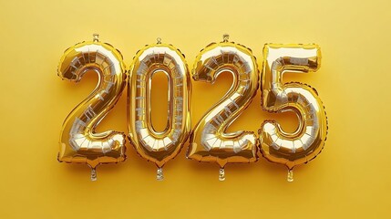 Festive golden number balloons forming "2025" against a bright yellow background, creating a joyful and celebratory atmosphere perfect for New Year's events and marketing campaigns. This AI-generated 