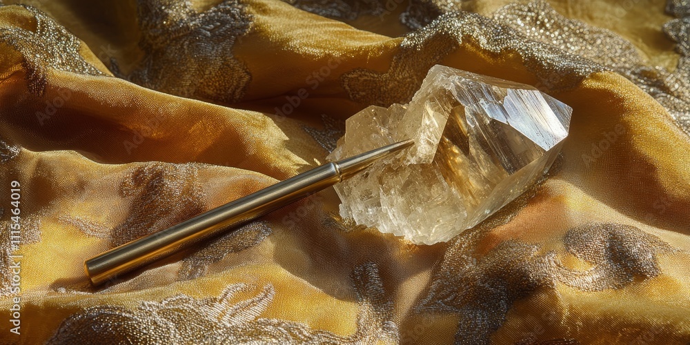 Aufkleber tuning fork and crystal resting on a fabric surface, showcasing the harmony between the tuning fork 