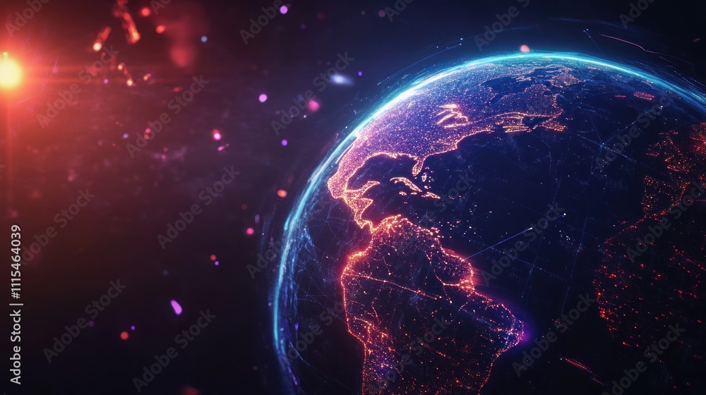 Poster a digital visualization of earth with glowing networks and cosmic elements.