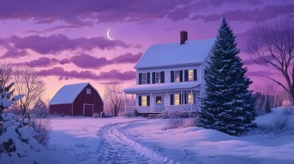 A beautiful painting of an old white house with black shutters, next to it is a red barn and a large blue spruce tree in the front yard.