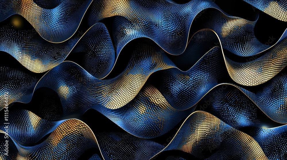 Poster intricate overlapping loops of translucent material in blue and gold color palette