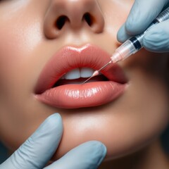 Close up of woman receiving botox injection in lips