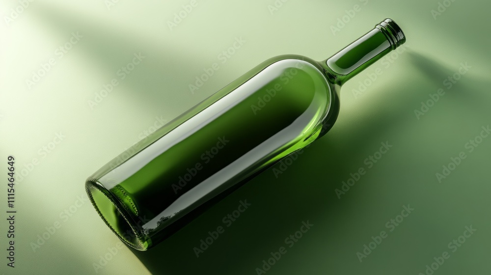 Poster an exquisite green glass bottle lays at a soothing angle on a subtle surface, bathed in soft light t
