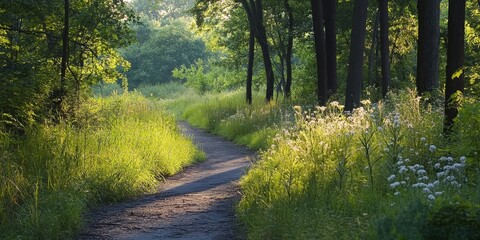 Obraz premium Summer scenery along a nature trail showcases the beauty of tranquil landscapes, inviting exploration and appreciation of the vibrant scenery found throughout the nature trail.