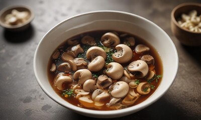 Fototapeta premium Boiled mushrooms in a clear broth with fish sauce added for flavor, soup, mushroom dish, boiled mushrooms