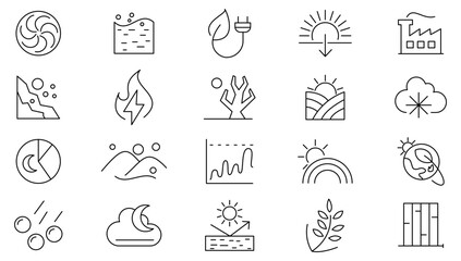 Climate line icon set. Ecology, environment, renewable energy, recycling, warming, greenhouse, melting ice, earth, clouds, sunny day, snowflakes, wind, sun day line icon set. UI thin line icon pack.