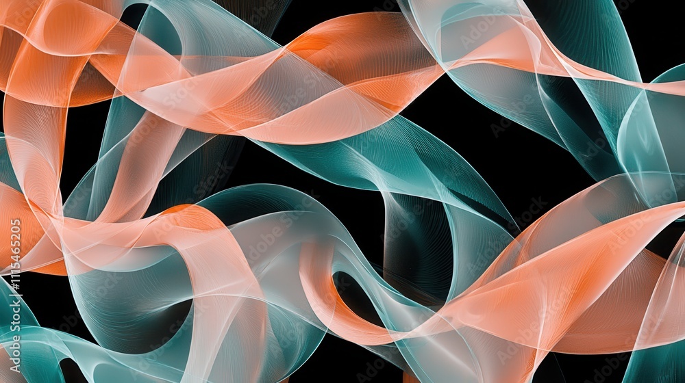 Poster intricate overlapping loops of translucent material in vibrant colors on dark background