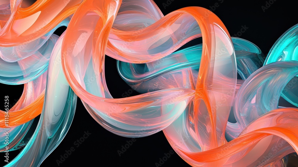 Poster intricate overlapping loops of translucent material in vibrant colors against black background