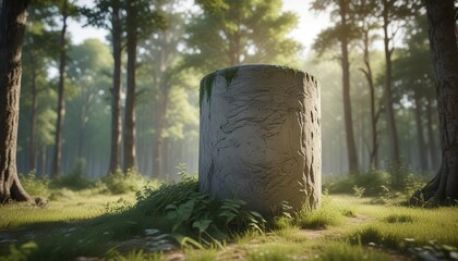 Obraz premium Circular stone pedestal in a field of tall trees with a soft focus effect, scenery, field, serene