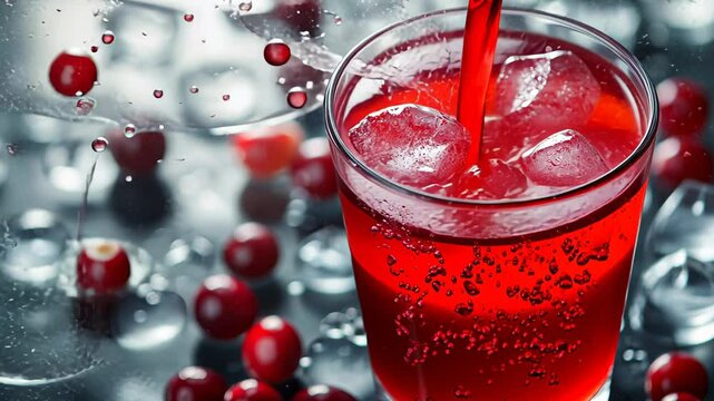 A vibrant red drink is poured over ice, with fresh berries scattered around the glass in a refreshing display