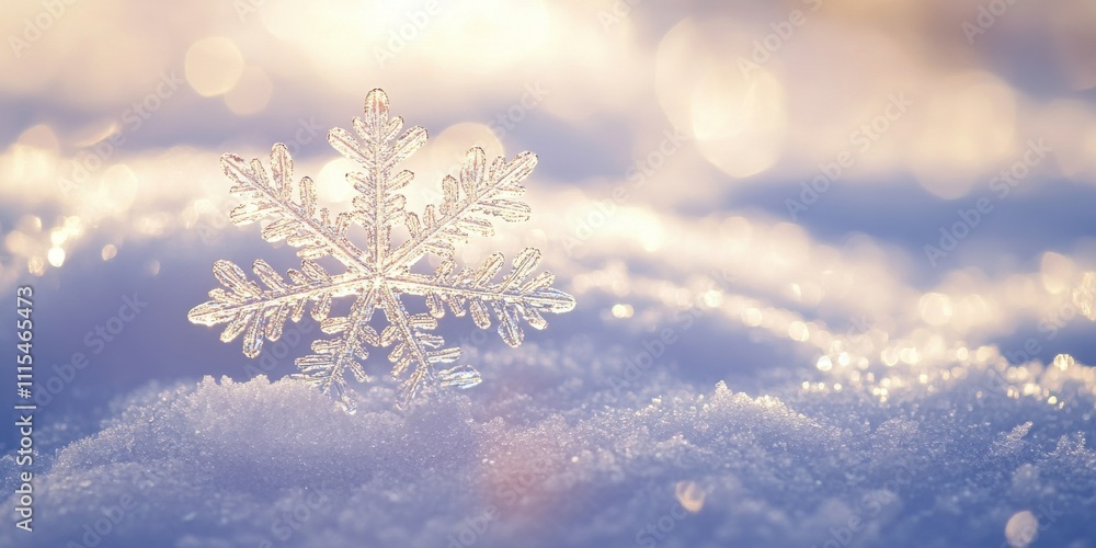 Poster snowflake on a natural snowdrift captures the essence of winter. this close up of a snowflake highli