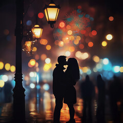 Midnight kiss under festive streetlights and fireworks