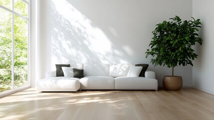 Sunlight streams into modern living room with white sectional sofa, plant, and hardwood floors.
