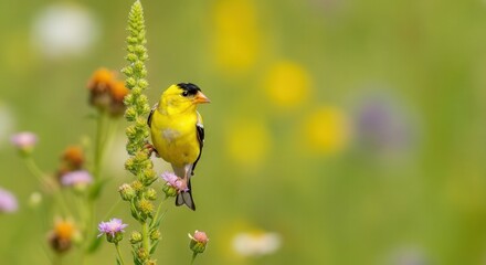 American goldfinch perched amidst vibrant wildflowers in summer meadow scene