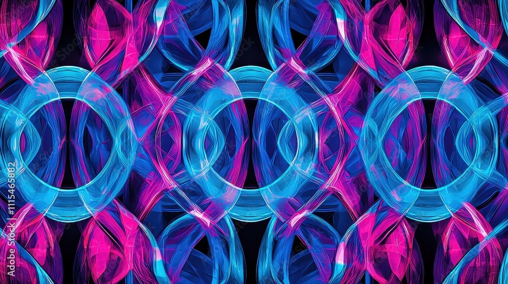 Poster intricate overlapping loops of translucent material in vibrant colors and patterns