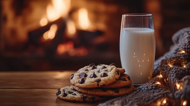 Cozy Fireplace Chocolate Chip Cookies Milk Warm Blanket Winter - Powered by Adobe