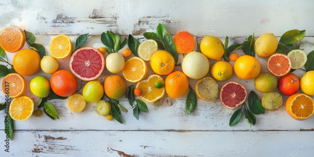 Poster fresh citrus fruits arranged on a white wooden table create a vibrant and refreshing visual. these c