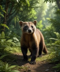 Obraz premium Coati's agile body moves quickly through the dense foliage, wildlife, forest