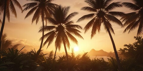 Obraz premium Coconut tree against a warm golden sunset background, nature, golden hour, serene atmosphere