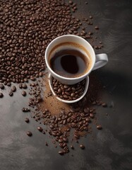 Naklejka premium Coffee beans and grounds are strewn across a dark table with an empty cup in the foreground, dark, beans, cup