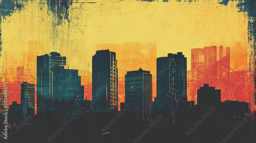 Poster vibrant cityscape showcases bold building silhouettes against a colorful gradient background, offeri