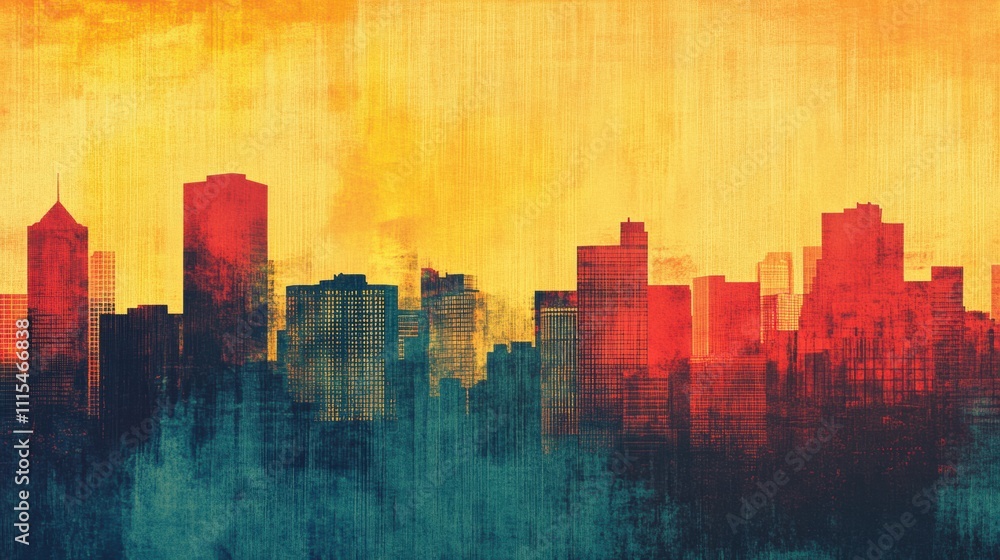 Poster bold building silhouettes fill the skyline against a vibrant, sunset-like backdrop, creating an arti