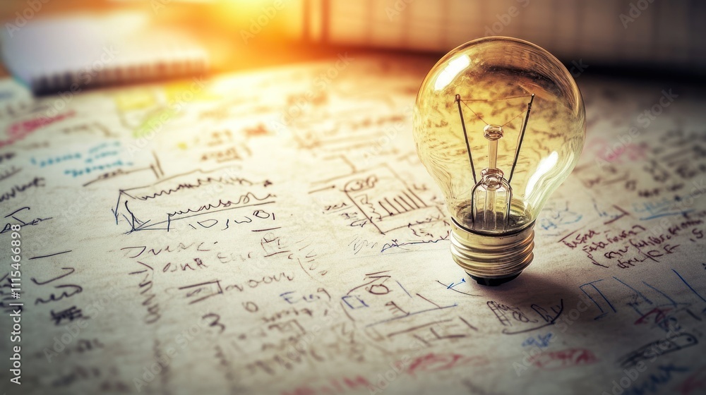 Poster a light bulb on a cluttered desk filled with handwritten notes and diagrams.