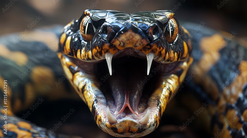 Poster a massive serpent reveals its intimidating fangs and vivid patterns, poised in a dense jungle enviro