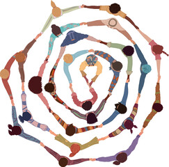 Chain of group of isolated people in a circle from divers cultures holding hands. Cooperation and teamwork.Community of friends or volunteers. Partnership. Multiethnic people. Top view